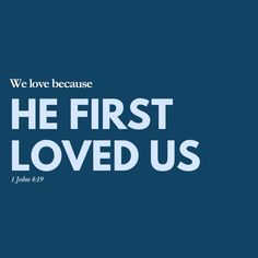 the first loved us is written in white on a blue background with an image of a cross