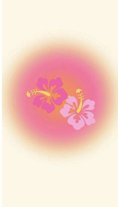 two pink and yellow flowers are in the center of an orange circle with white background