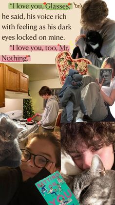 the collage shows people and cats in their home, with one cat holding a book