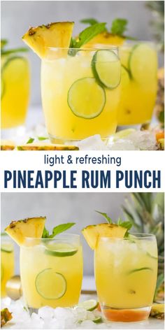 pineapple rum punch in glasses with lime and mint garnish on the rim