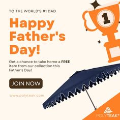 a father's day card with an umbrella and trophy on it, which reads happy father's day get a chance to take home a free item from our collection this fathers day