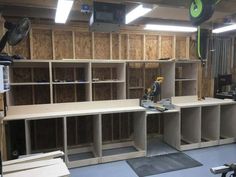 a garage with shelves and tools in it