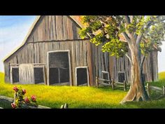 a painting of an old barn with flowers in the foreground and a tree on the far side