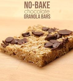 no - bake chocolate granola bars on a wooden table with text overlay