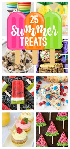 the collage shows different desserts and ice creams, including popsicles, cookies, watermelon slices, lemonade