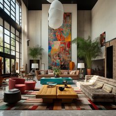 a living room filled with lots of furniture next to a large painting on the wall