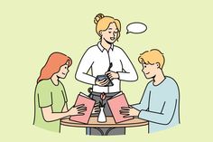 three people sitting at a table with papers and one woman standing over the table talking