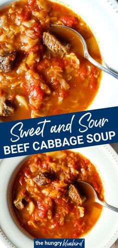 two bowls of beef and cabbage soup with the title overlay reads sweet and sour beef cabbage soup