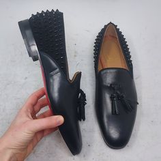 Christian Louboutin Black Tassilo Spike Stud Tassel Leather Loafer Size Eu 41.5 Us 8.5 Mens Like New Condition 100% Authentic Please Note Faint Mark On Bottom And Scratch On Upper As Shown Smooth Black Leather Loafer With Spike Accents Studded & Tassel Accents Round-Toe Black Leather Loafers, Louboutin Shoes, Christian Louboutin Shoes, Leather Loafers, Loafer Shoes, Christian Louboutin, Tassels, Men's Shoes, Black Leather