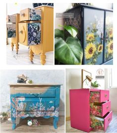 Furniture Rub on Transfers. Photo of 4 colorful upcycled dressers by Redesign With Prima. Furniture Transfers, Redesign With Prima, Rub On Transfers, Upcycle Projects, Specialty Paper