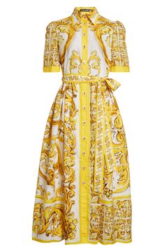 From the label's fall '24 collection, this belted cotton-poplin shirtdress brightens the day in a golden-toned print inspired by hand-painted majolica tiles. Front button closure Point collar Short sleeves Side-seam pockets Removable tie belt Unlined 100% cotton Dry clean Made in Italy Designer Clothing Luxury Belted Midi Dress, Designer Cotton Spring Dresses, Designer Cotton Dresses For Spring, Designer Spring Shirt Dress For Daywear, Designer Shirt Dress For Spring Daywear, Luxury Spring Shirt Dress For Daywear, Luxury Shirt Dress For Spring Daywear, Luxury Shirt Dress For Daywear In Spring, Designer Summer Midi Dress