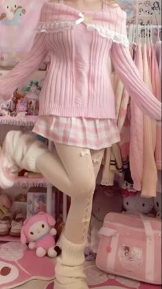 Pink Aesthetic Fashion, Coquette Pink Aesthetic, Long Sleeve Fits, Kawaii Outfit Ideas, Kawaii Outfit, Pastel Outfit, Cold Shoulder Lace, Kawaii Fashion Outfits, Creation Couture