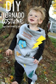 a young boy wearing a costume made out of fleece and fabric, with the words diy tornado costume on it