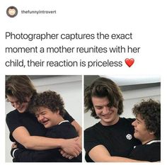 two young men hugging each other in front of a white background with text that reads, photographer captures the exact moment a mother renites with her child, their reaction is priceless