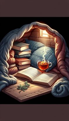 an open book with a cup of tea on top of it next to a pile of books