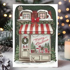 a christmas card with an image of a store front