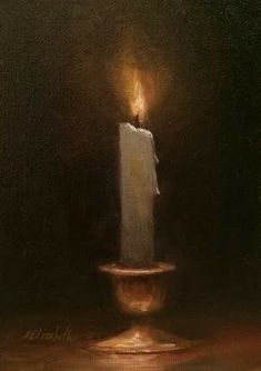 a painting of a lit candle on a table