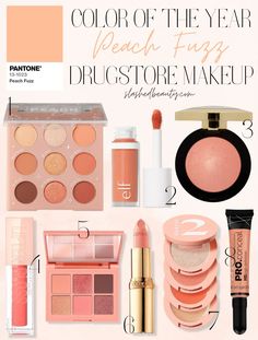 Try the color of the year, Peach Fuzz, in your makeup looks with these drugstore picks! | Slashed Beauty Light Spring Drugstore Makeup, Peach Fuzz Makeup, Soft Peach Makeup, Peach Eyeshadow Looks, Peach Makeup Look, Peach Makeup, Eyeshadow For Blue Eyes, Peach Eyeshadow, Color Pantone