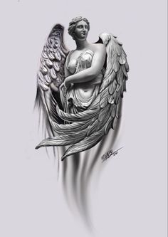 an angel with wings on it's back is shown in black and white ink