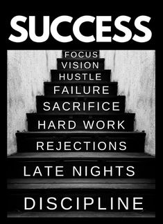 stairs with the words success written on them in black and white, against a dark background