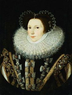 an old painting of a woman wearing a black and white dress with gold trimmings