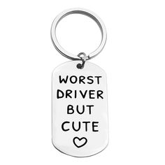 a dog tag that says worst driver but cute