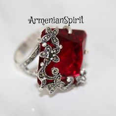 Armenian jewelry Red stone rings Silver with big stone Marcasite jewelry Beatiful ring red stone STE Ornate Gemstone Accents Jewelry For Formal Occasions, Ornate Formal Jewelry With Gemstone Accents, Formal Sterling Silver Jewelry With Stones, Sterling Silver Jewelry With Stones For Formal Occasions, Ornate Formal Jewelry With Stone Setting, Ornate Jewelry With Stone Setting For Formal Occasions, Ornate Jewelry For Formal Occasions With Stone Setting, Elegant Red Round Jewelry, Fine Jewelry Gemstone For Parties