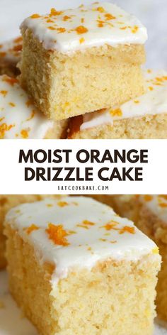 orange drizzle cake with white frosting and orange sprinkles on top