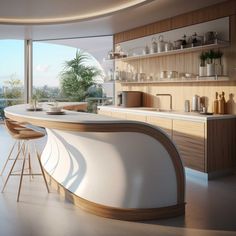 a modern kitchen with an island counter and stools in front of large windows overlooking the city