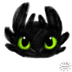 a drawing of a black cat with glowing green eyes and large, dark hands that appear to be in the shape of a hand