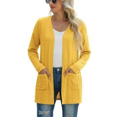 JWD lightweight slim fit cardigan sweater with pockets *Style: Fashionable cardigan cardigan, threaded cuffs, top with textured design *Our mission is to provide you with high-quality daily clothing. We will develop more colors for you to choose from. *Tip: Machine cleaning. Do not bleach. " Size: M.  Color: Yellow.  Gender: female.  Age Group: adult. Solid Sweater With Pockets For Layering, Trendy Spring Sweater With Pockets, Trendy Open Front Sweater With Pockets, Trendy Solid Color Cardigan, Trendy Non-stretch Solid Color Cardigan, Solid Non-stretch Spring Cardigan, Spring Solid Non-stretch Cardigan, Fitted Open Front Sweater Coat With Pockets, Casual Fitted Sweater Coat With Pockets