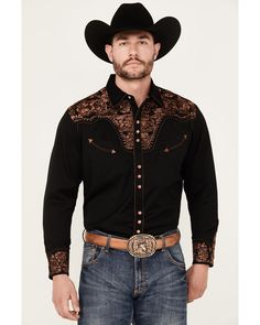 Scully Men's Embroidered Gunfighter Long Sleeve Snap Western Shirt , Black Western Outfits Dress, Western Wedding Mens Attire, Wedding Mens Attire, Dress Up Day, Mens Attire, Western Shirt, Mens Big And Tall, Western Shirts, Western Outfits