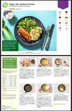 an image of a website page with food items on the front and back pages in green