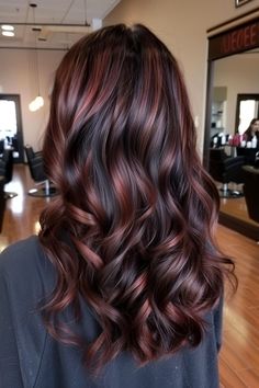 Dark Hair With Red Highlights Balayage, Red Lowlights For Brunettes, Cooper Highlights On Dark Hair, Hair Highlighting Ideas, Maroon Highlights On Brown Hair, Colourful Highlights Brown Hair, Red With Brown Highlights, Red Highlights For Dark Brown Hair, Red Highlights In Dark Brown Hair