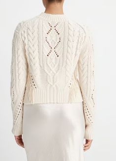 Fringe Merino Wool-Cashmere Cable Sweater in Crew Neck | Vince