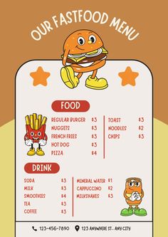 a menu for fast food with cartoon characters on it and the words, our fast food menu