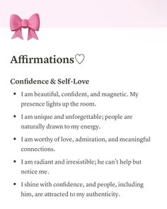 an affirmations poem with pink bows on it