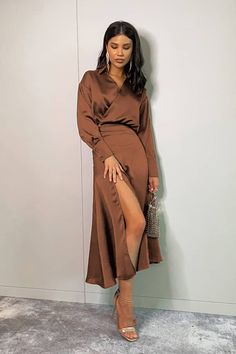 Silk-like Satin Skirt Suit Set – IFAUN Elegant Fitted Skirt For Semi-formal Occasions, Solid Long Sleeve Skirt Suit For Fall, Fall Long Sleeve Skirt Suit, Elegant Fitted Solid Color Skirt, Fitted Solid Color Evening Skirt, Fall Party Skirt For Office Lady, Fall Party Skirt For Office, Fall Party Office Lady Skirt, Elegant Fitted Solid Color Midi Dress