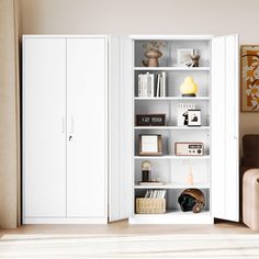 an open bookcase in the corner of a living room