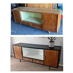 two different views of a sideboard with glass doors and drawers, one showing the bottom section