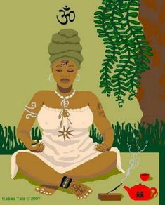 a woman sitting on the ground in front of a tree and tea pot with an omen symbol above her head