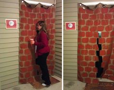 two pictures of a woman standing in front of a brick wall and opening the door