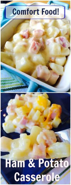 ham and potato casserole is shown in two different pictures with the words comfort food