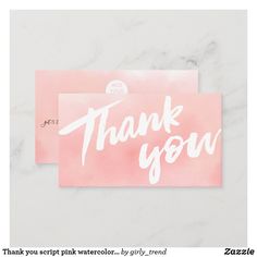 two thank cards with the words thank you in white ink on a pink marble background