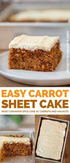 carrot sheet cake with cream cheese frosting on top and in the background, there is an image of carrots being cut into squares