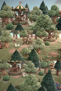 an animated park with trees, benches and picnic tables in the middle of it's landscape