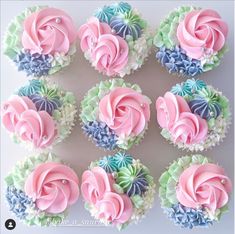 twelve cupcakes with pink and blue frosting on white background, top view