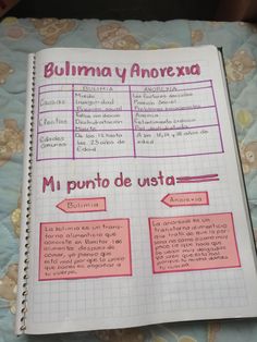 an open notebook with spanish words and pictures on the pages, sitting on top of a bed