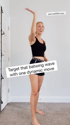 a woman standing on one leg with her arms up in the air and text reading target that batting wave with one dynamic move