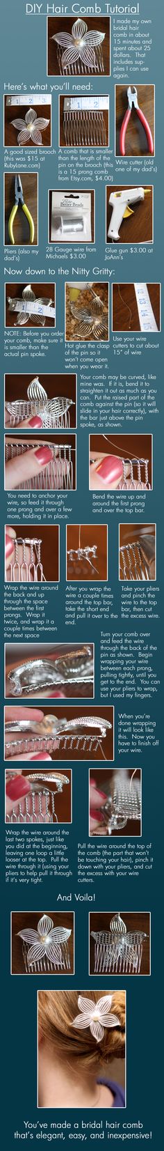 We can use this concept to make a hair comb. Perhaps convert a pin. {ChildofHope's} DIY Hair Comb Tutorial - Project Wedding Diy Hair Comb, Fruit Bouquet, Bead Flowers, Pattern Hair, Headpiece Diy, Hair Clips Diy, French Pattern